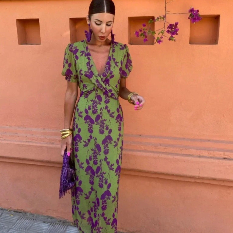 Green Purple Contrast Floral Dress