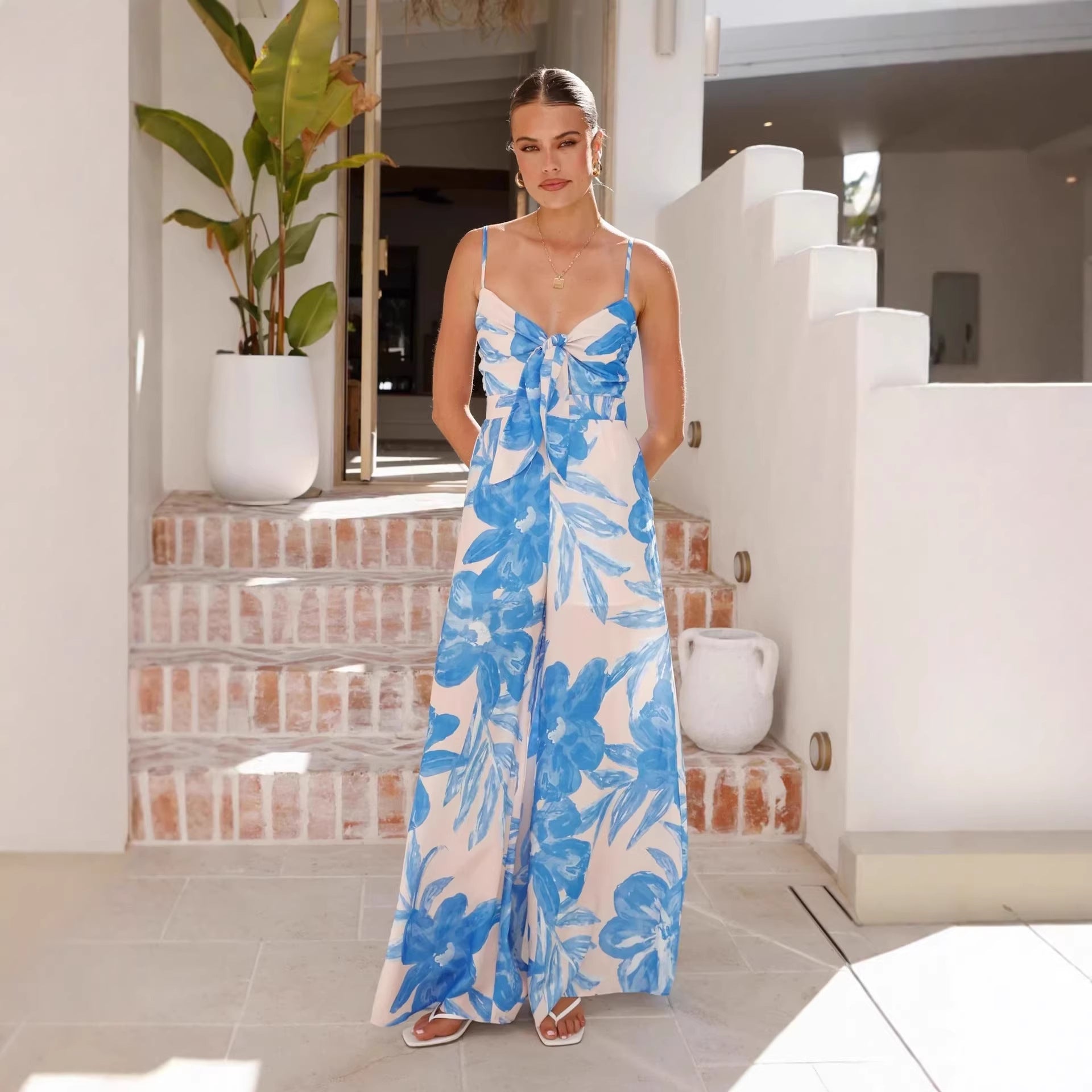 Knotted Wide-Leg Blue Jumpsuit - JEXIE