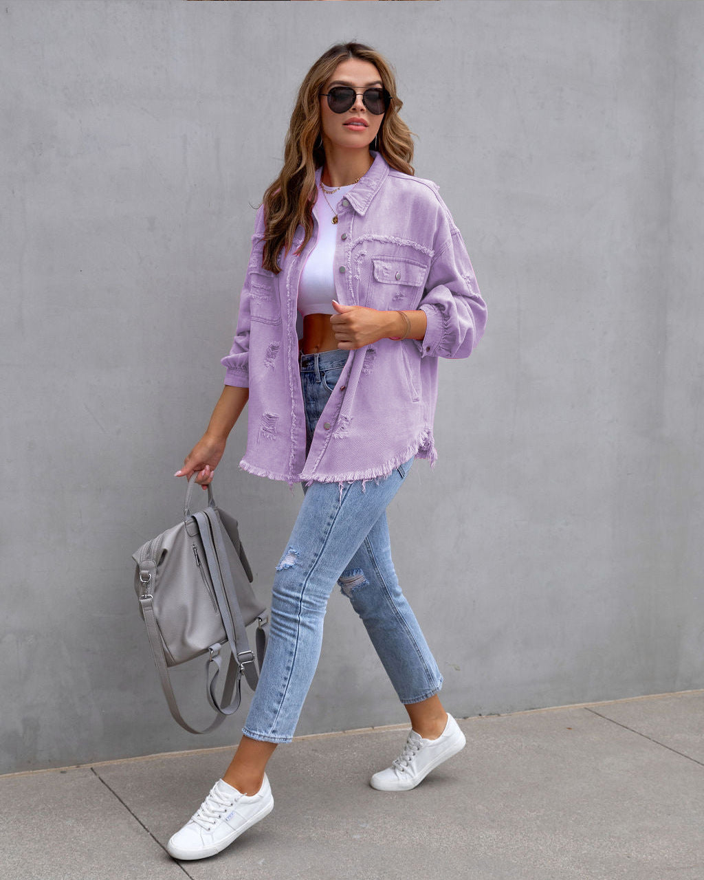 Pocketed Ripped Shirt Jacket - JEXIE