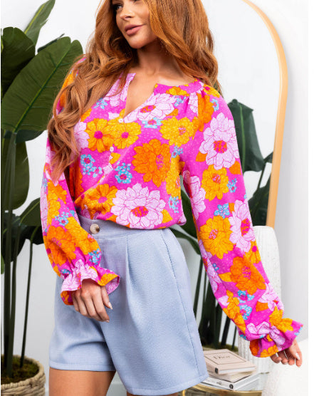 Rose Floral Prints Notched Neck Blouse