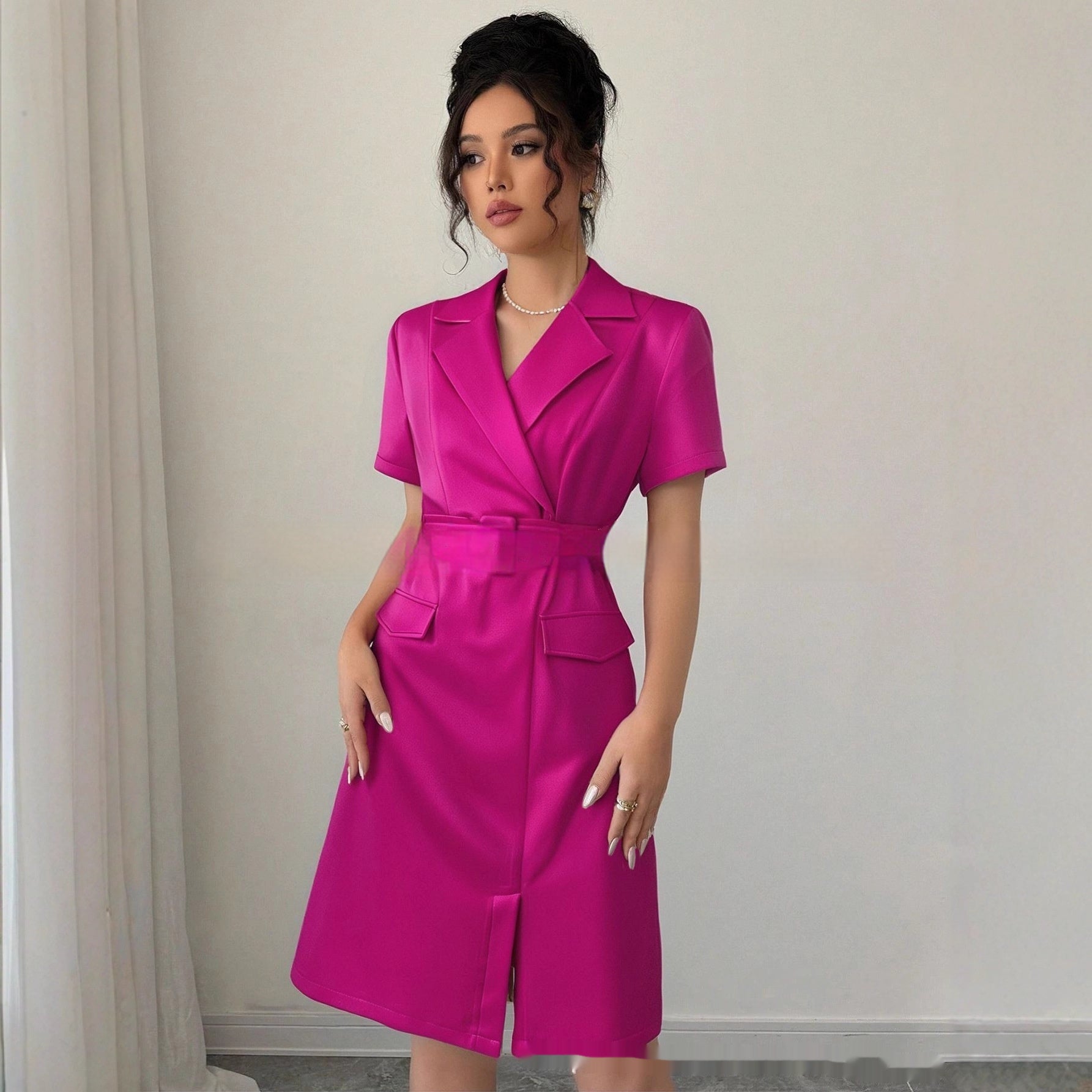 Magenta Solid Short Sleeves Dress
