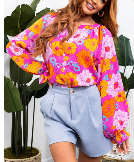 Rose Floral Prints Notched Neck Blouse