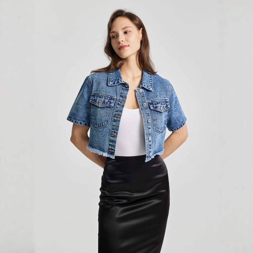 Front Pockets Crop Denim Jacket