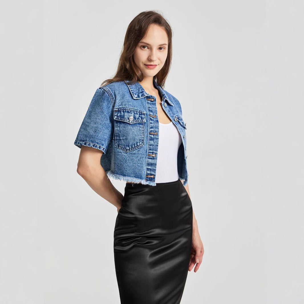 Front Pockets Crop Denim Jacket