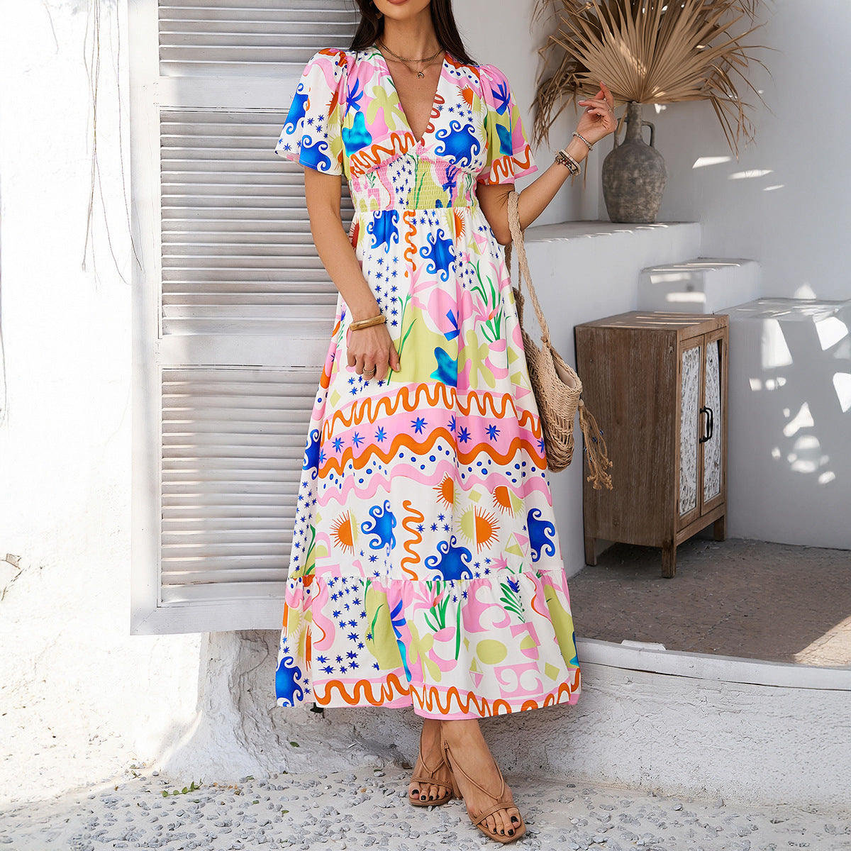 Colorful Patchwork V-neck Dress