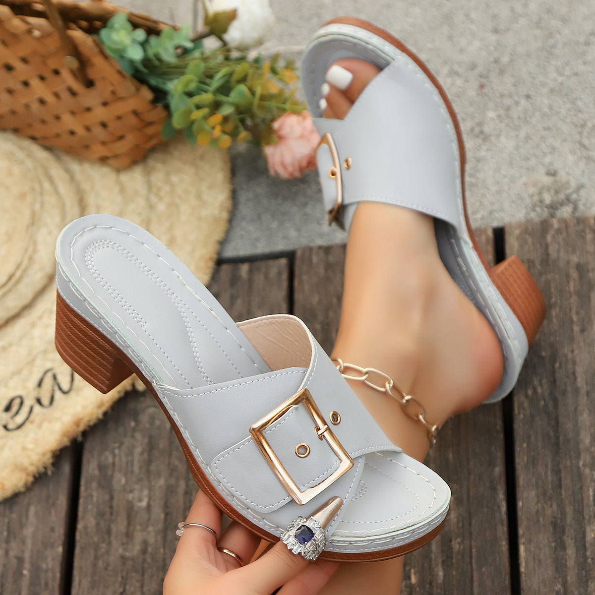 Buckle Metal Chunky Slippers Sandals