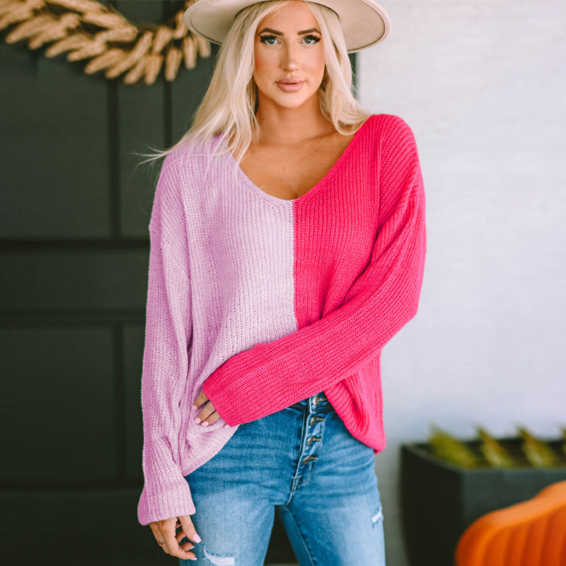 Contrast Color V-neck Loose Pullover