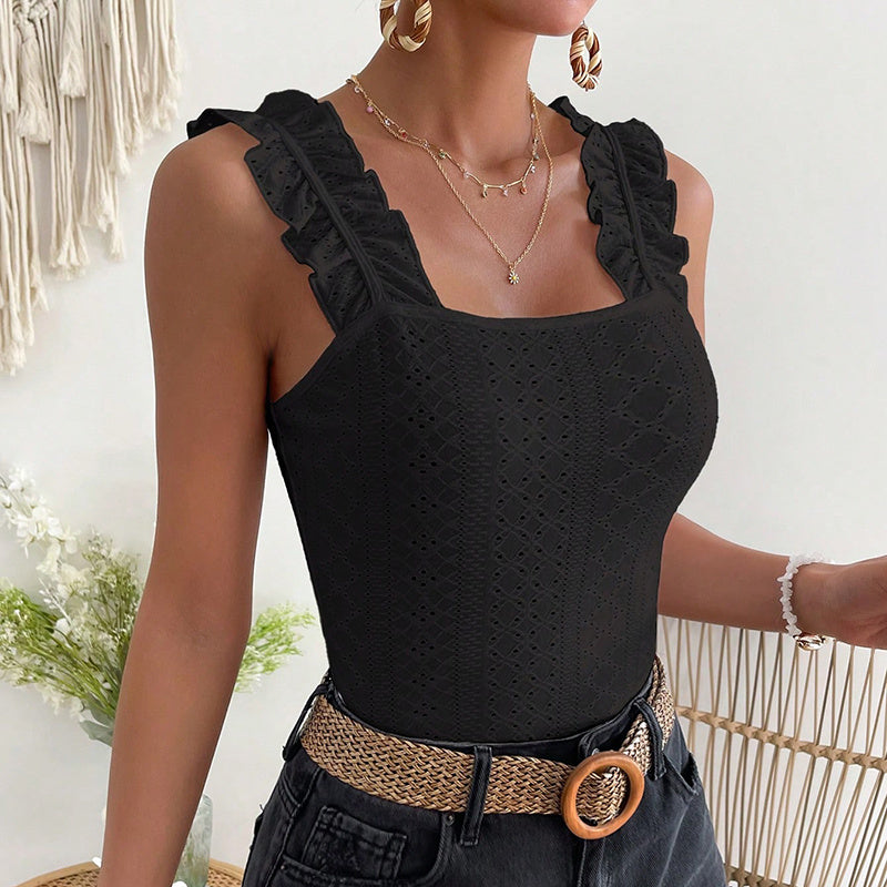 Ruffle Straps Eyelet Blouse - JEXIE