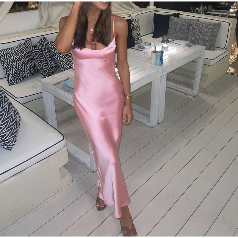 Backless Pink Satin Long Dress - JEXIE