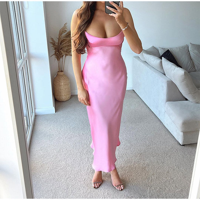Backless Pink Satin Long Dress - JEXIE