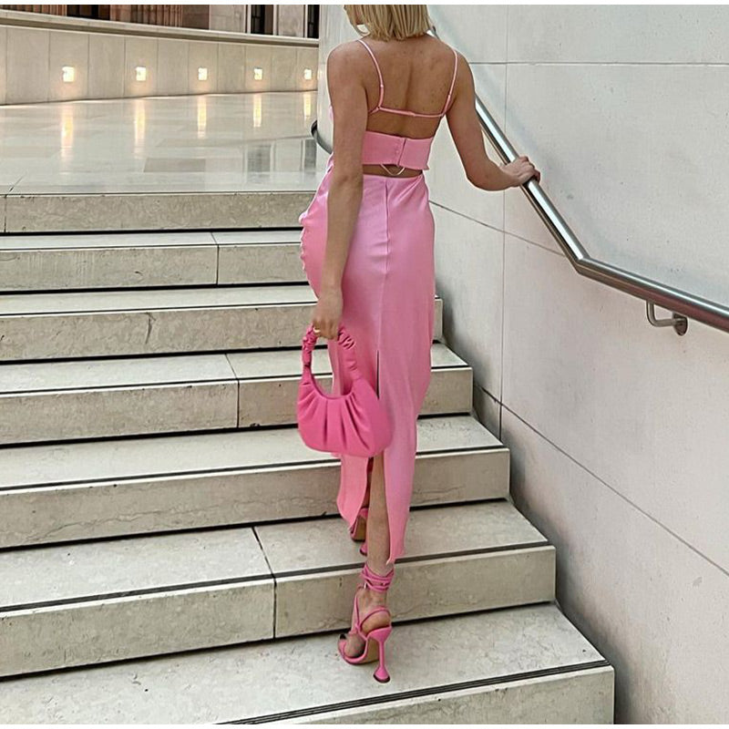 Backless Pink Satin Long Dress - JEXIE
