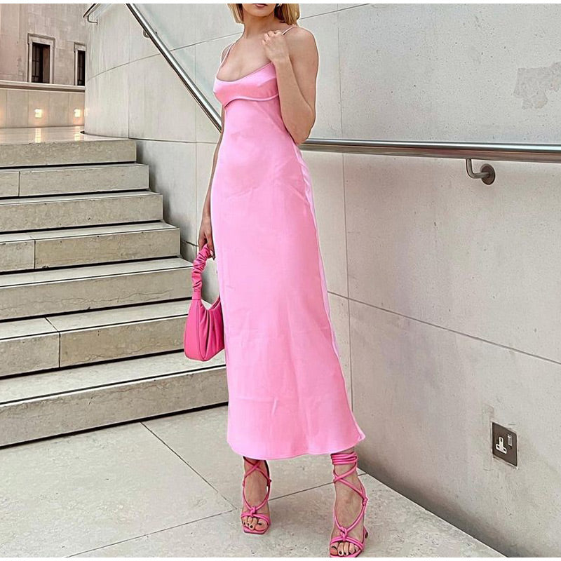 Backless Pink Satin Long Dress - JEXIE