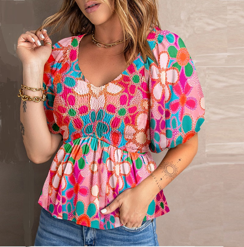 Colorful Smocked Vintage Blouse - JEXIE