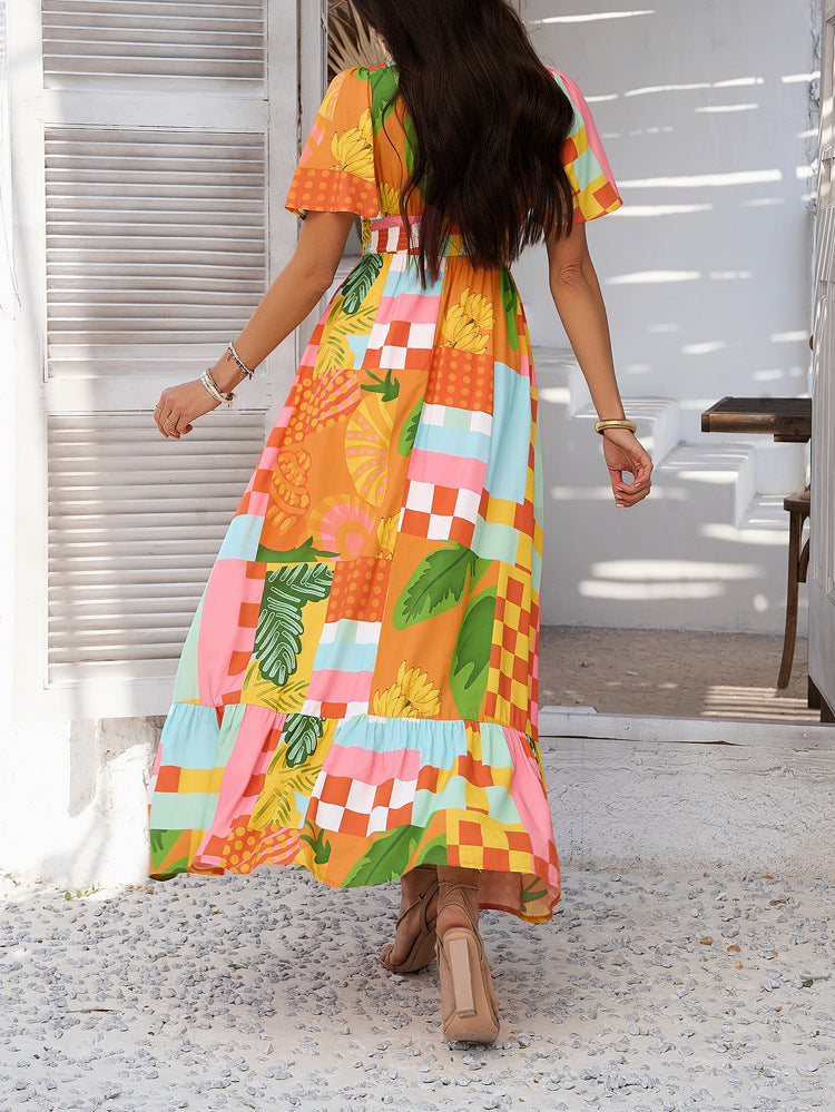 Colorful Patchwork V-neck Dress