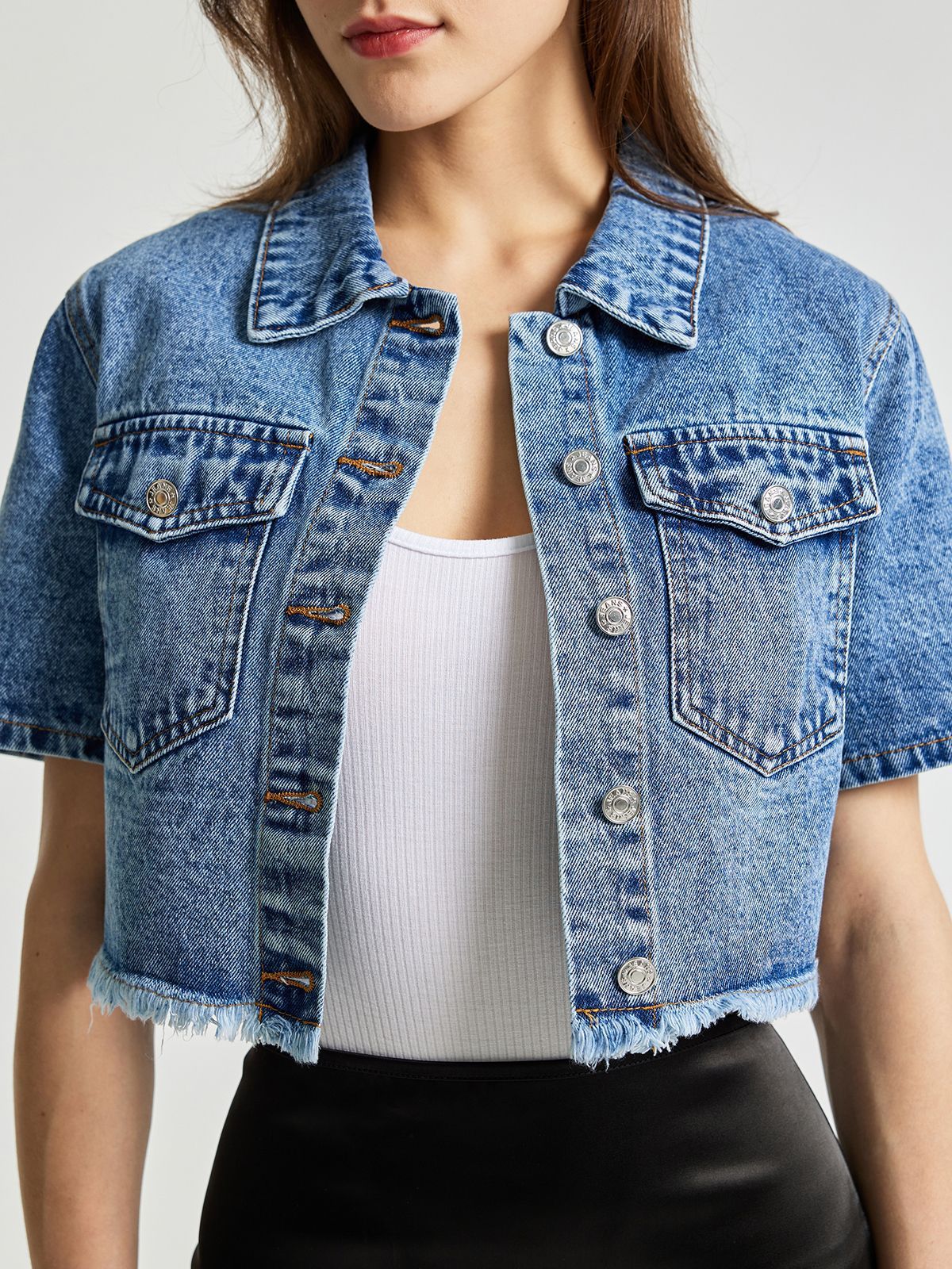 Front Pockets Crop Denim Jacket