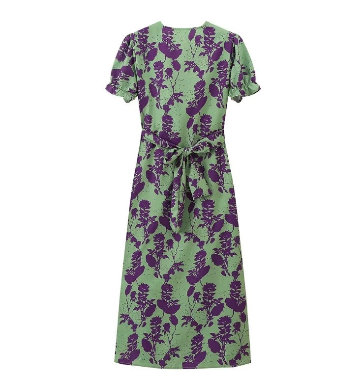 Green Purple Contrast Floral Dress