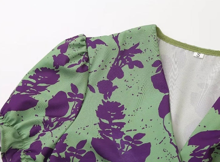 Green Purple Contrast Floral Dress