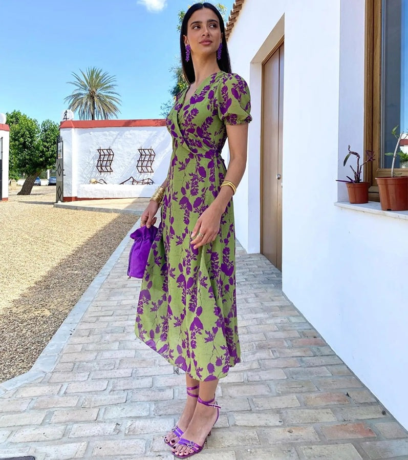 Green Purple Contrast Floral Dress