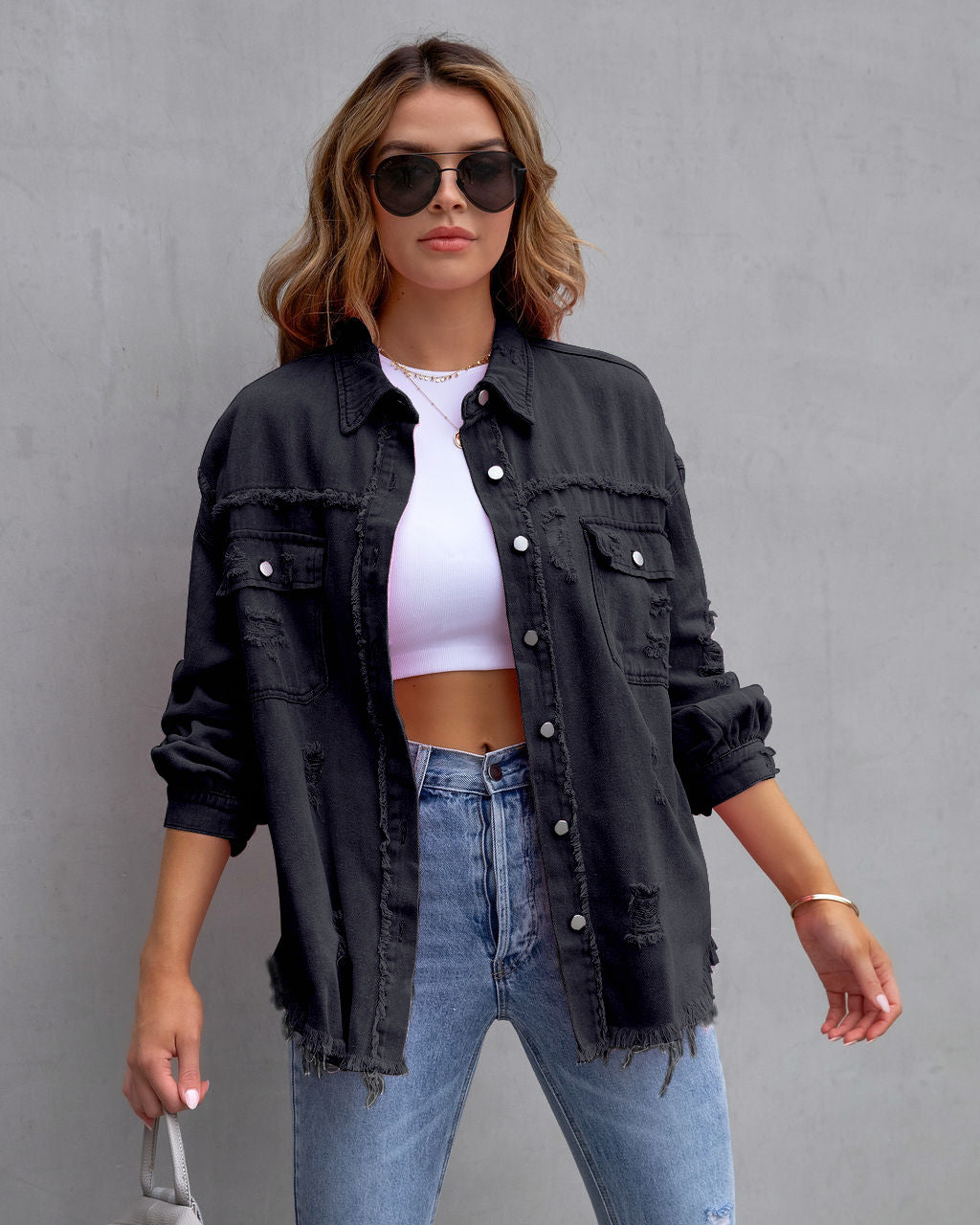 Pocketed Ripped Shirt Jacket - JEXIE