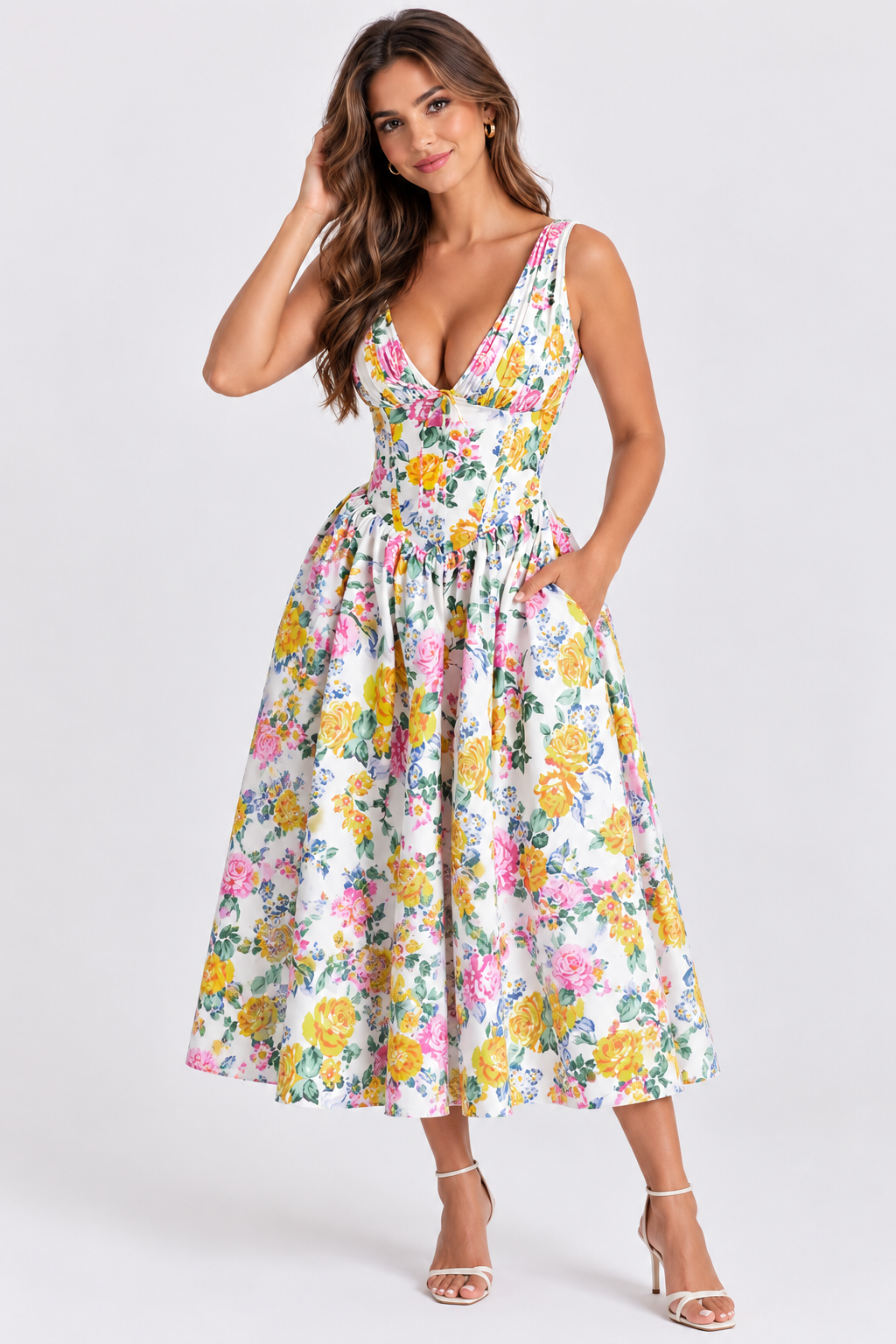 V-Neck Sleeveless Floral Midi Dress