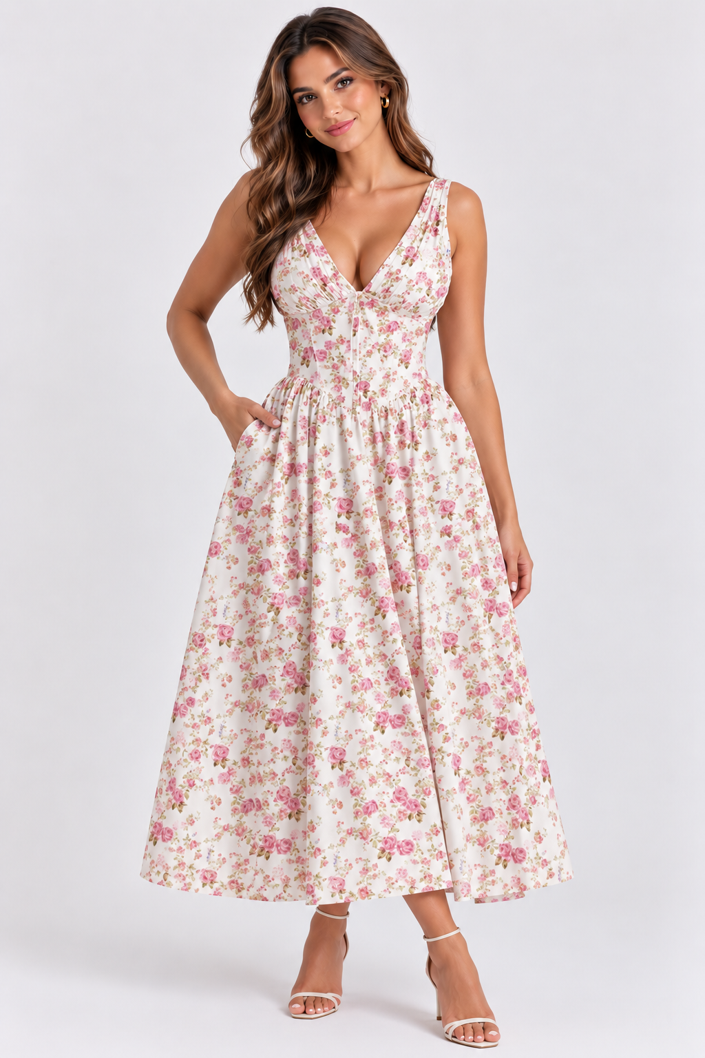 V-Neck Sleeveless Floral Midi Dress