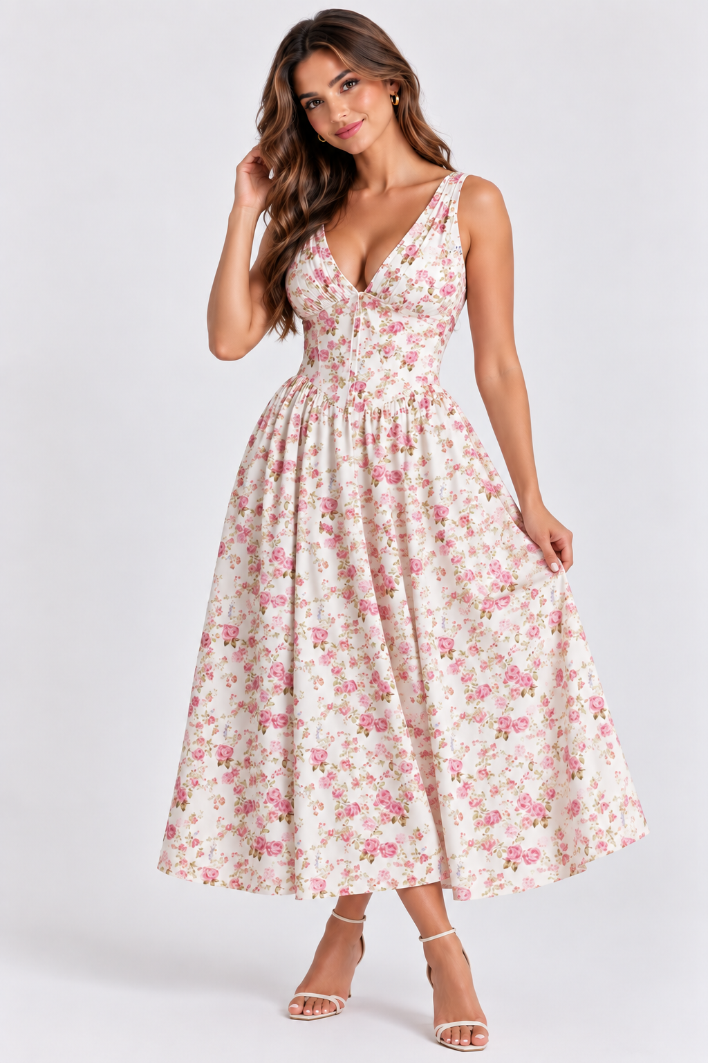 V-Neck Sleeveless Floral Midi Dress