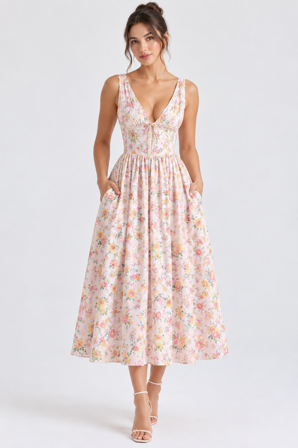 V-Neck Sleeveless Floral Midi Dress
