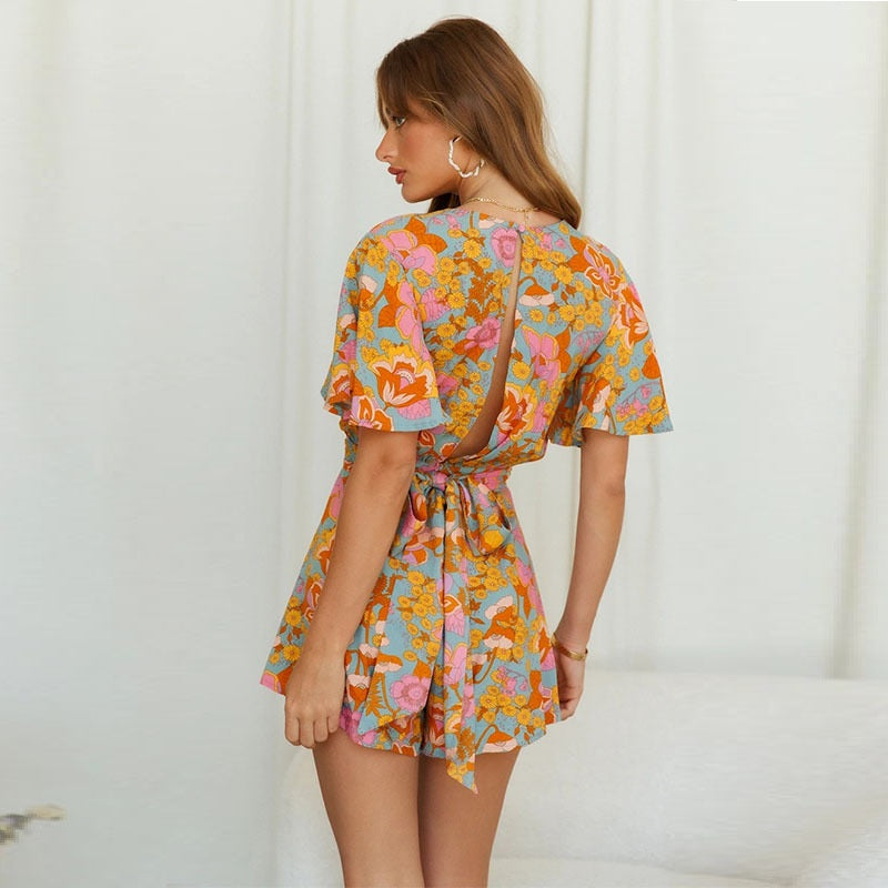 V-Neck Short Sleeve Floral Jumpsuit