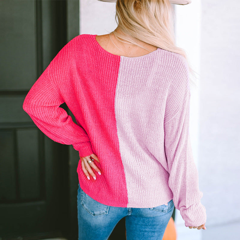 Contrast Color V-neck Loose Pullover