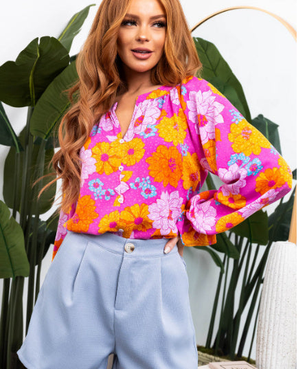 Rose Floral Prints Notched Neck Blouse