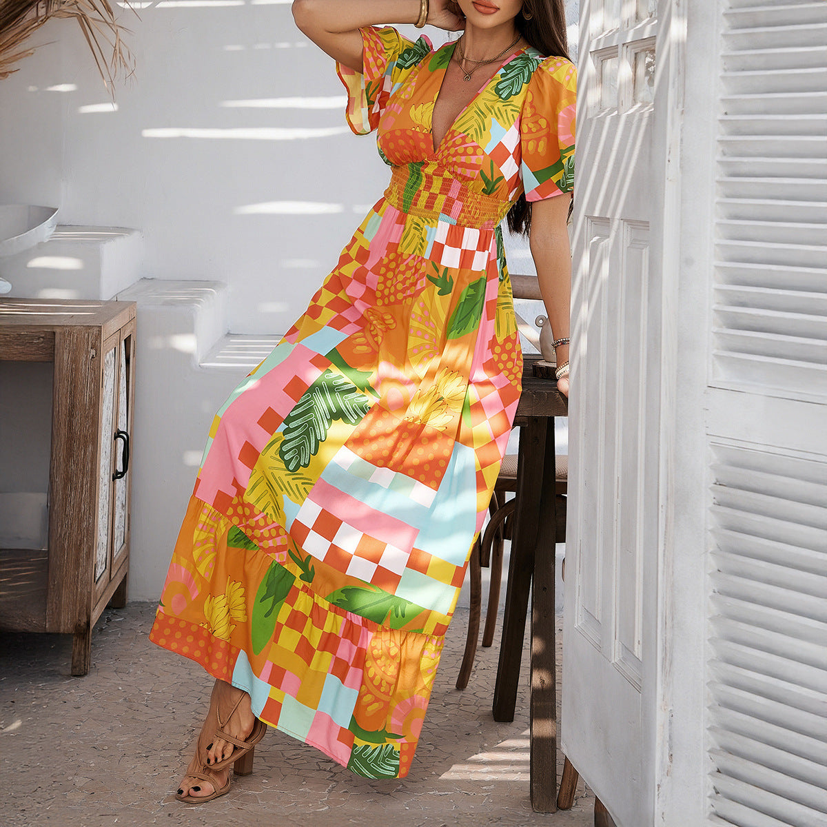 Colorful Patchwork V-neck Dress