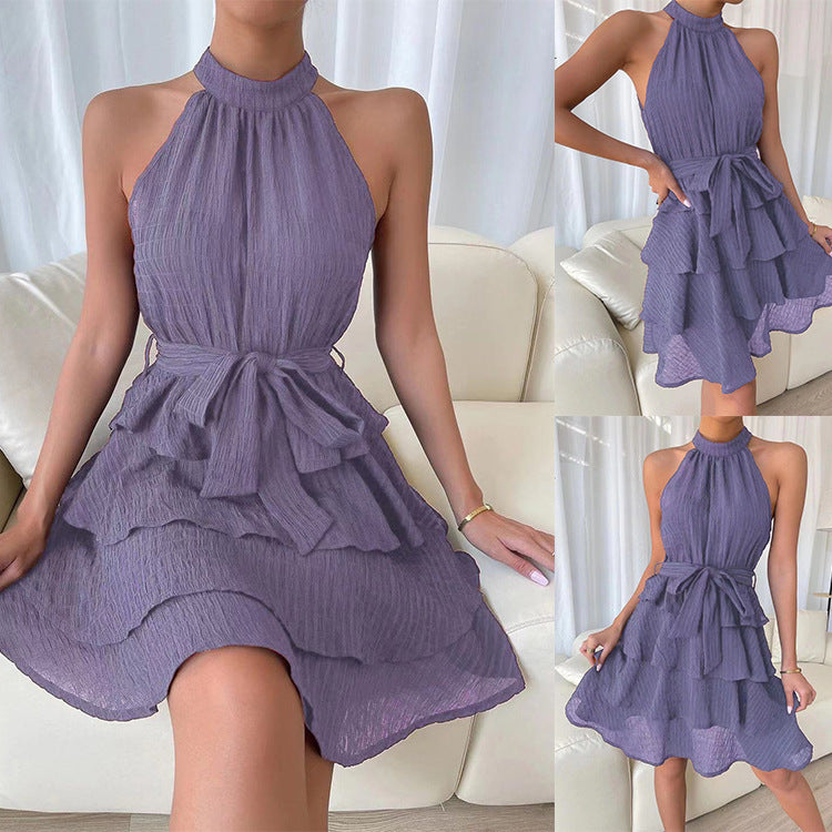 Halter Neckline Sleeveless Ruffle Dress - JEXIE