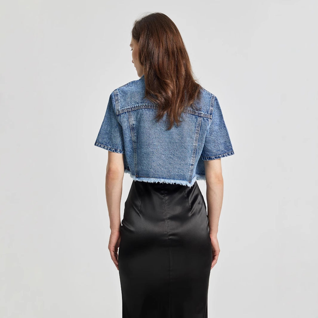 Front Pockets Crop Denim Jacket