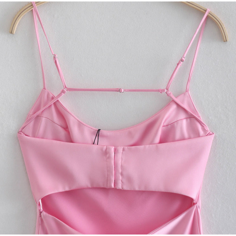 Backless Pink Satin Long Dress - JEXIE