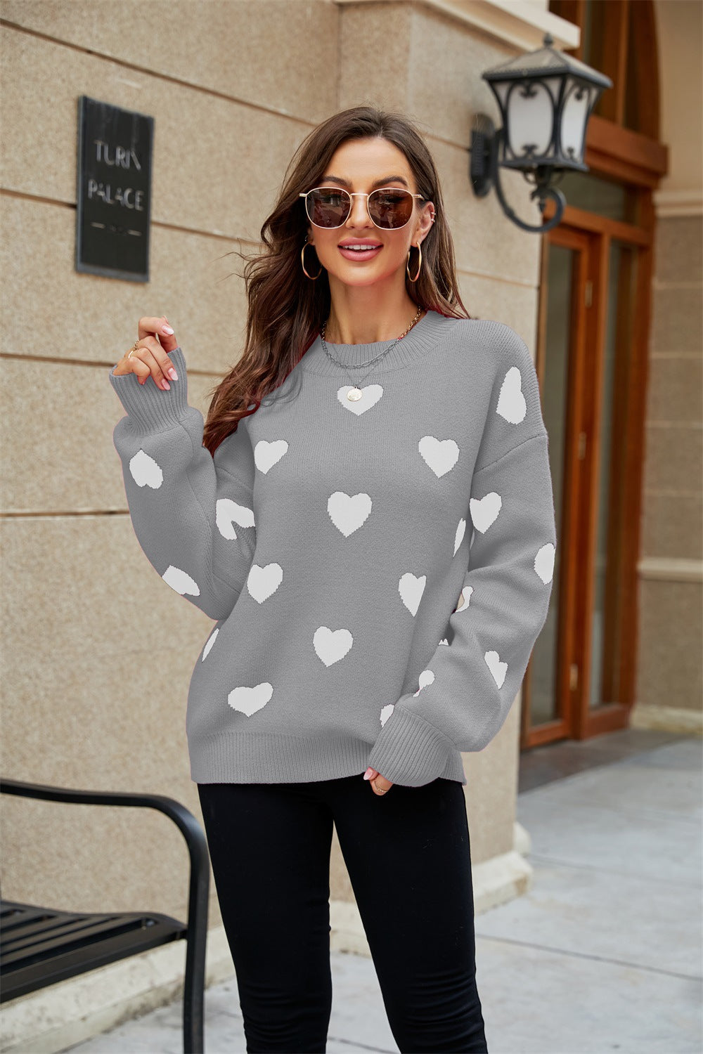 Loose Knit Heart Pattern Sweater - JEXIE