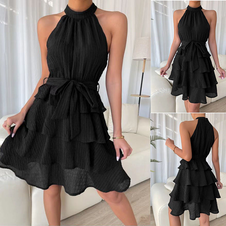 Halter Neckline Sleeveless Ruffle Dress - JEXIE