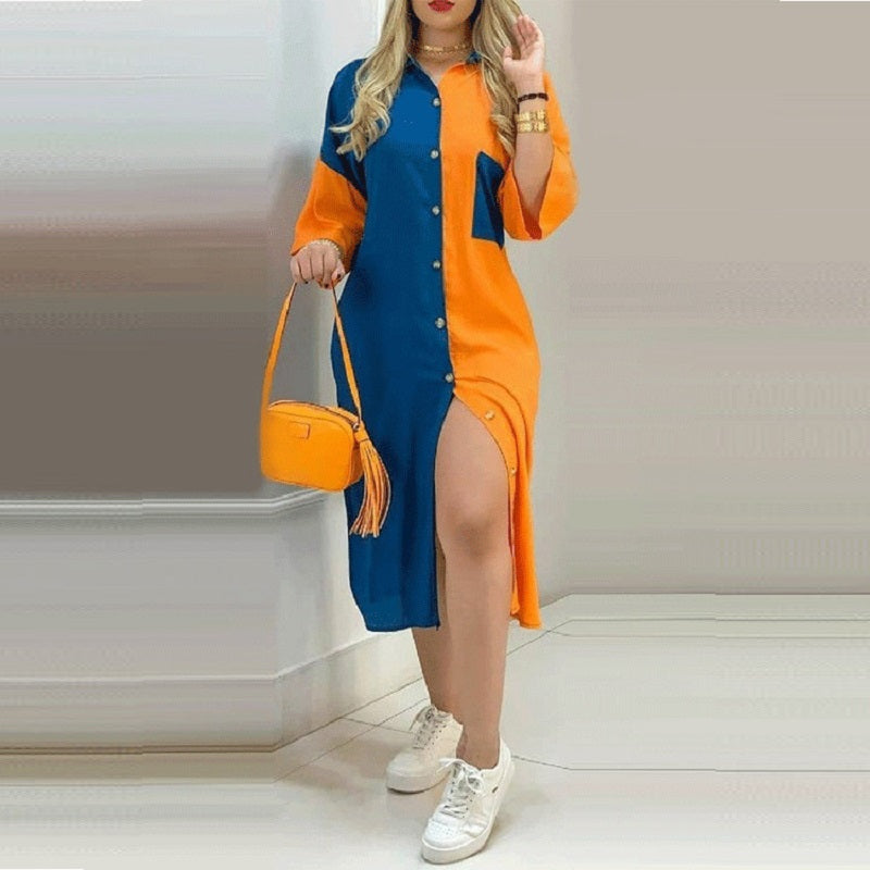 Side Color Loose Shirt Dress - JEXIE